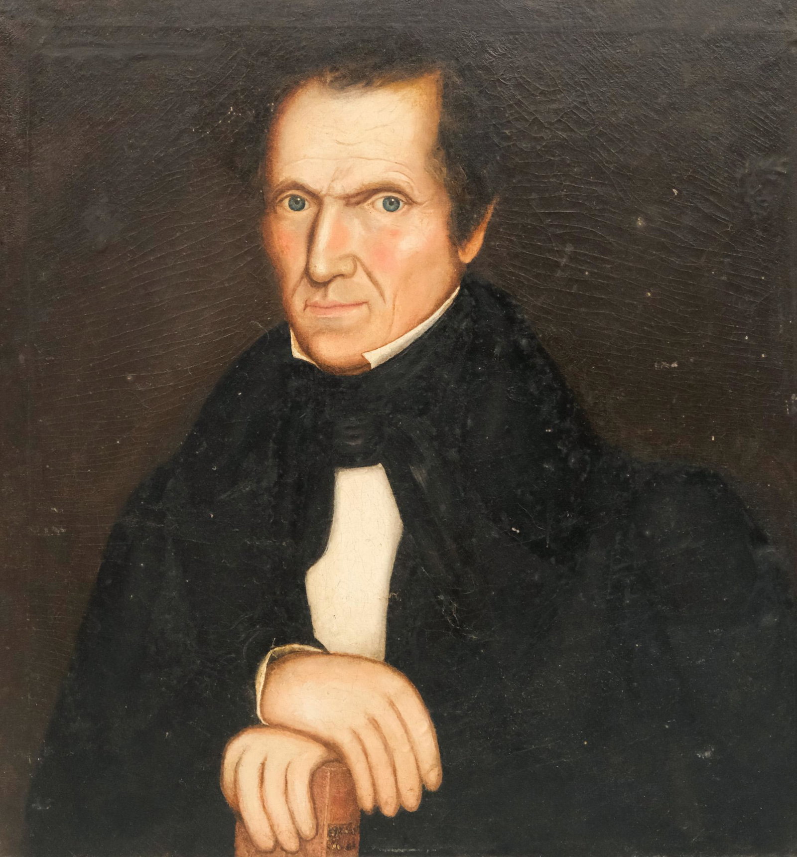 American School, Portrait of a Gentleman: American, 19th century oil on board depicting a seated man, hands resting on a book, 25" x 23" board.