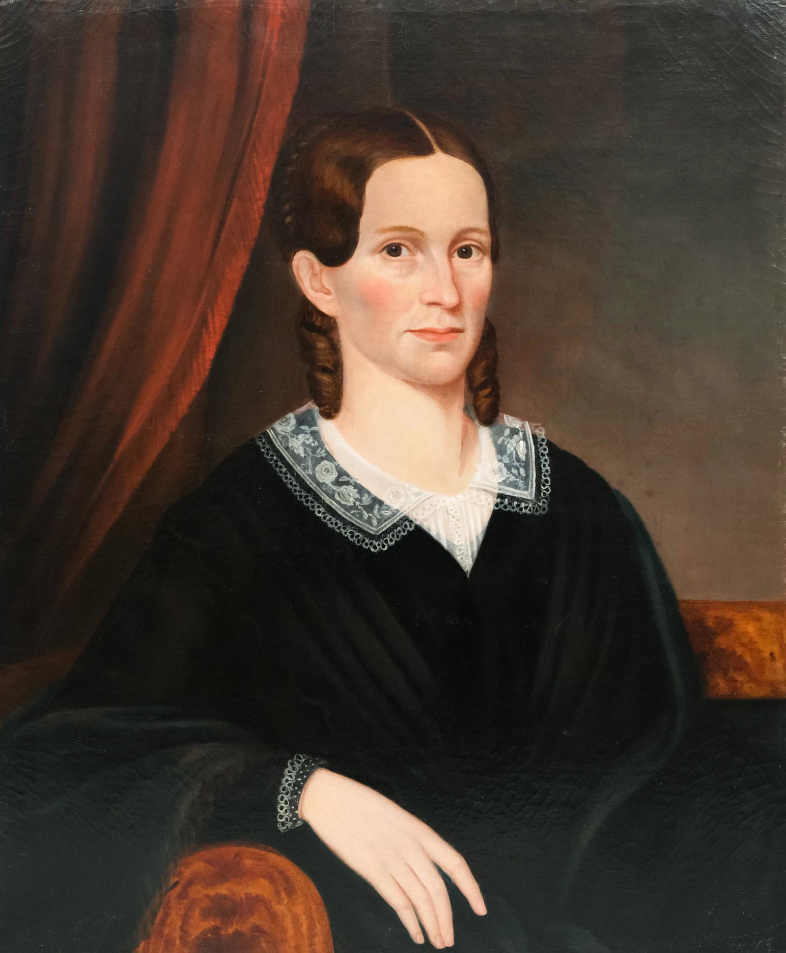 American School, Portrait of a Lady: American, 19th century oil on canvas depicting a seated woman in a delicate lace collar, 30" x 25" canvas.