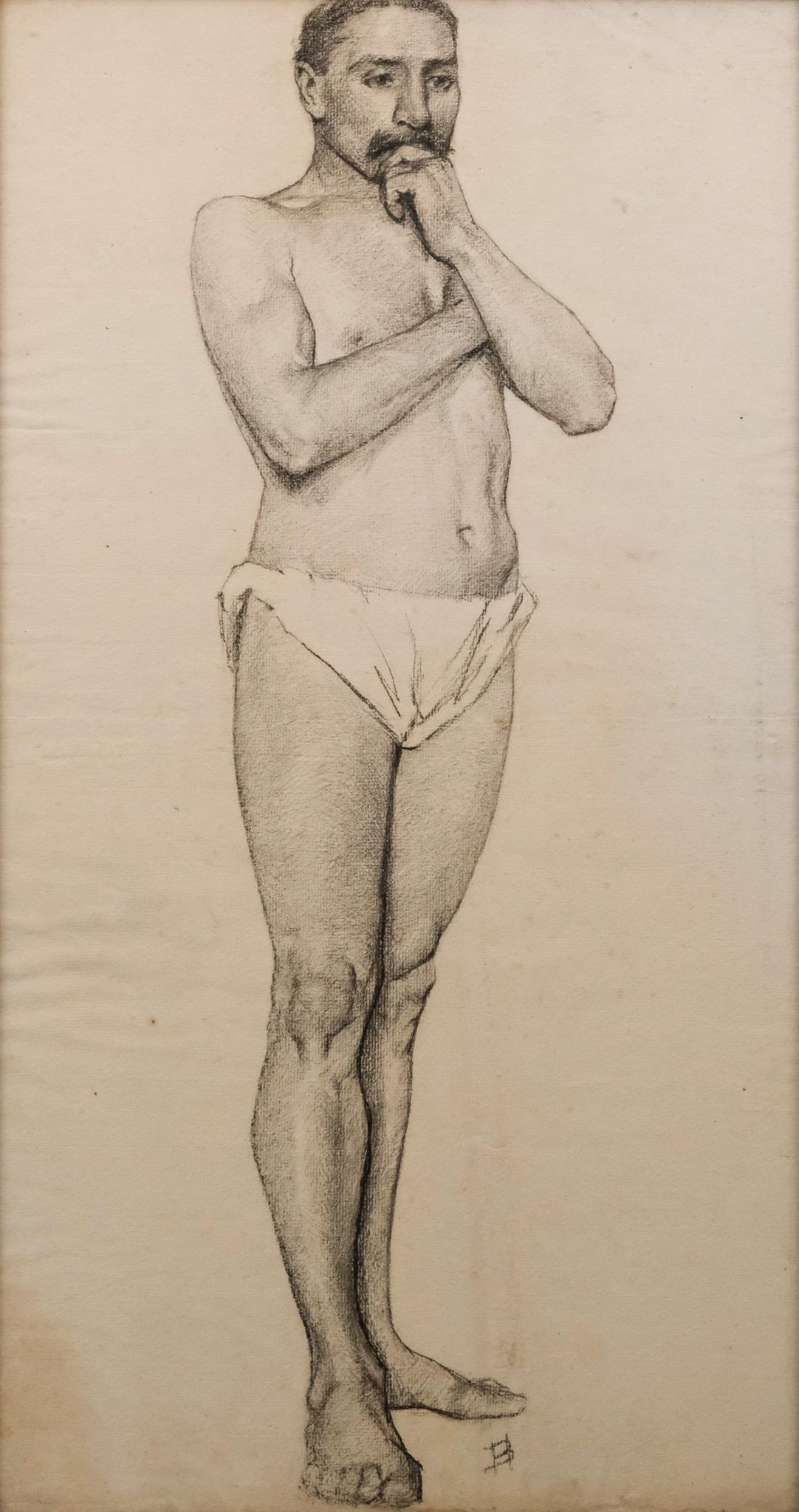 Bertha Hewitt Woolrych, Study of a Semi-Nude: Bertha Hewitt Woolrych (American, 1868-1937), charcoal on paper depicting a semi-nude man with an impressive mustache, standing with a hand at his chin, monogrammed "BH" l.r., 23 1/4" x 12 1/4" sight 