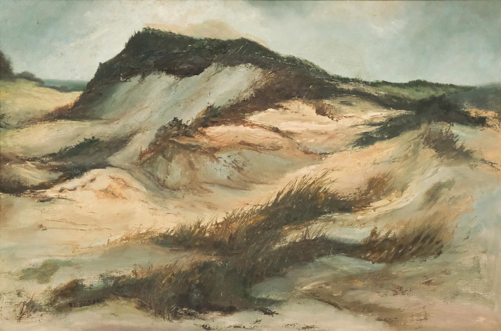 Barbara Besson, In the Dunes: Barbara Besson (American, 20th century), oil on canvas depicting sandy dunes on a cloudy day, signed l.l., 24" x 36" canvas, 31 1/4" x 43 1/4" framed.
