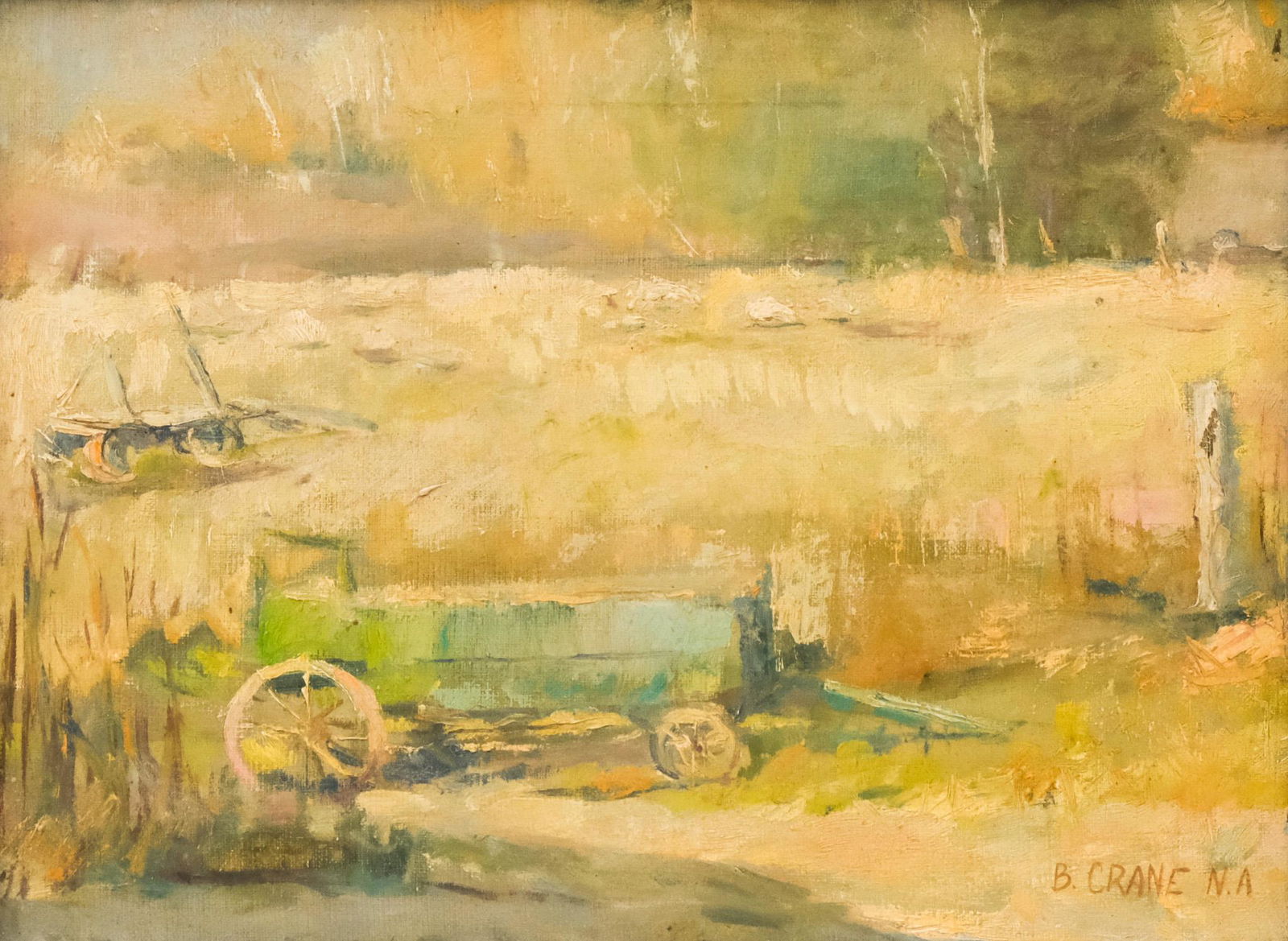 Bruce Crane, Wagon in the Field: Attributed to Robert Bruce Crane (American, 1857-1937), oil on canvas depicting a wagon in a mostly empty field, signed l.r., 12" x 16" canvas, 16" x 20 1/4" framed.