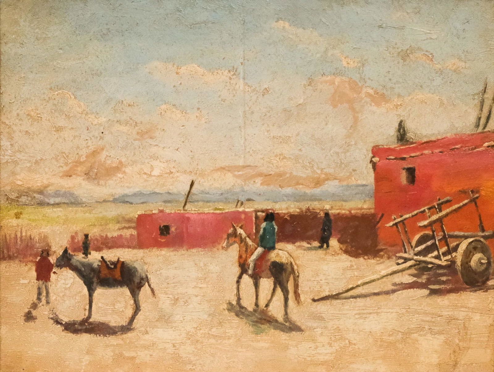 Frank Reed Whiteside, Quiet Afternoon: Frank Reed Whiteside (American, 1866-1929), oil on board depicting several figures on a ranch looking toward a cloudy but blue horizon, with name plate on framed, 9 3/4" x 13" board, 17" x 20" framed.