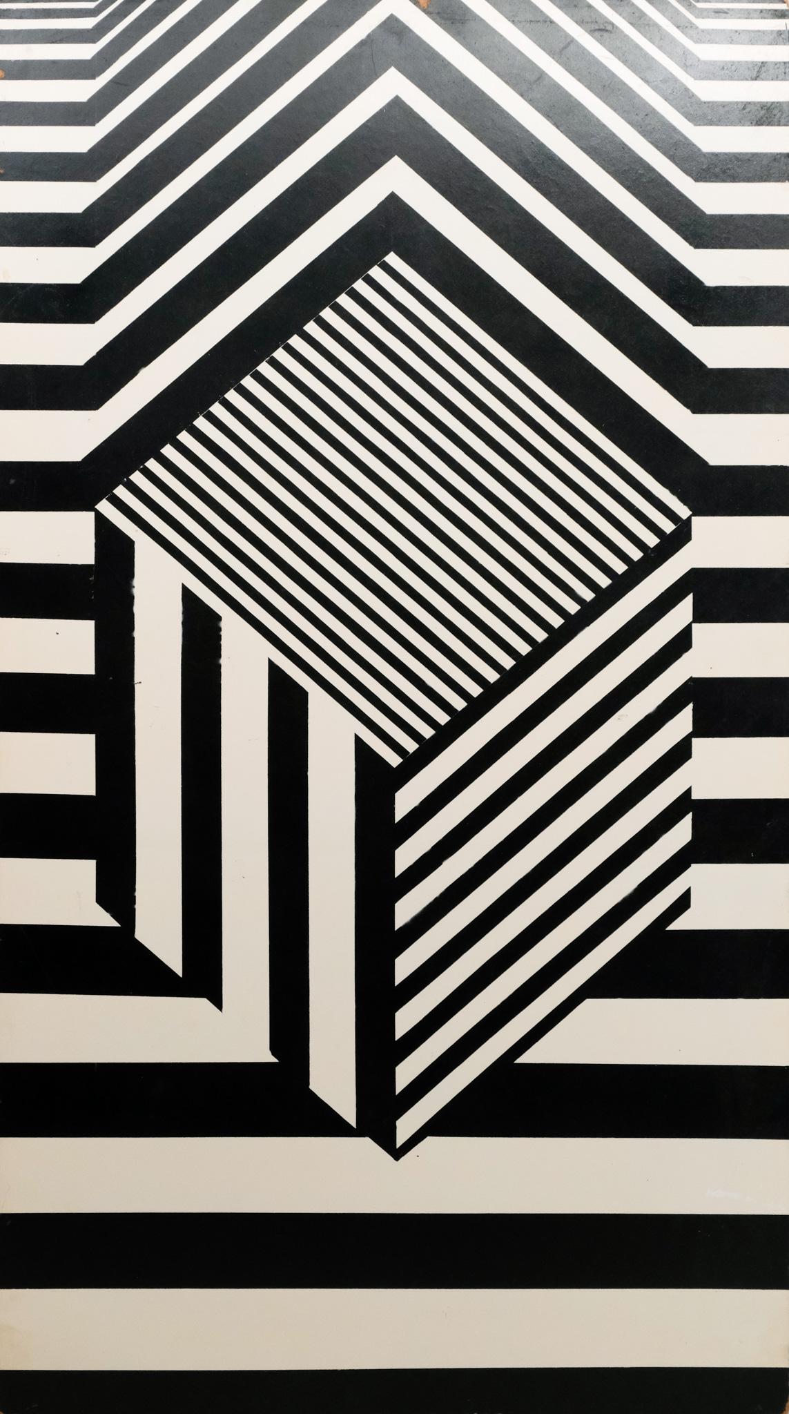 American School, Black & White Op Art: American, 20th century acrylic on masonite in the style of Tim Ray Fisher, 36" x 20" overall.