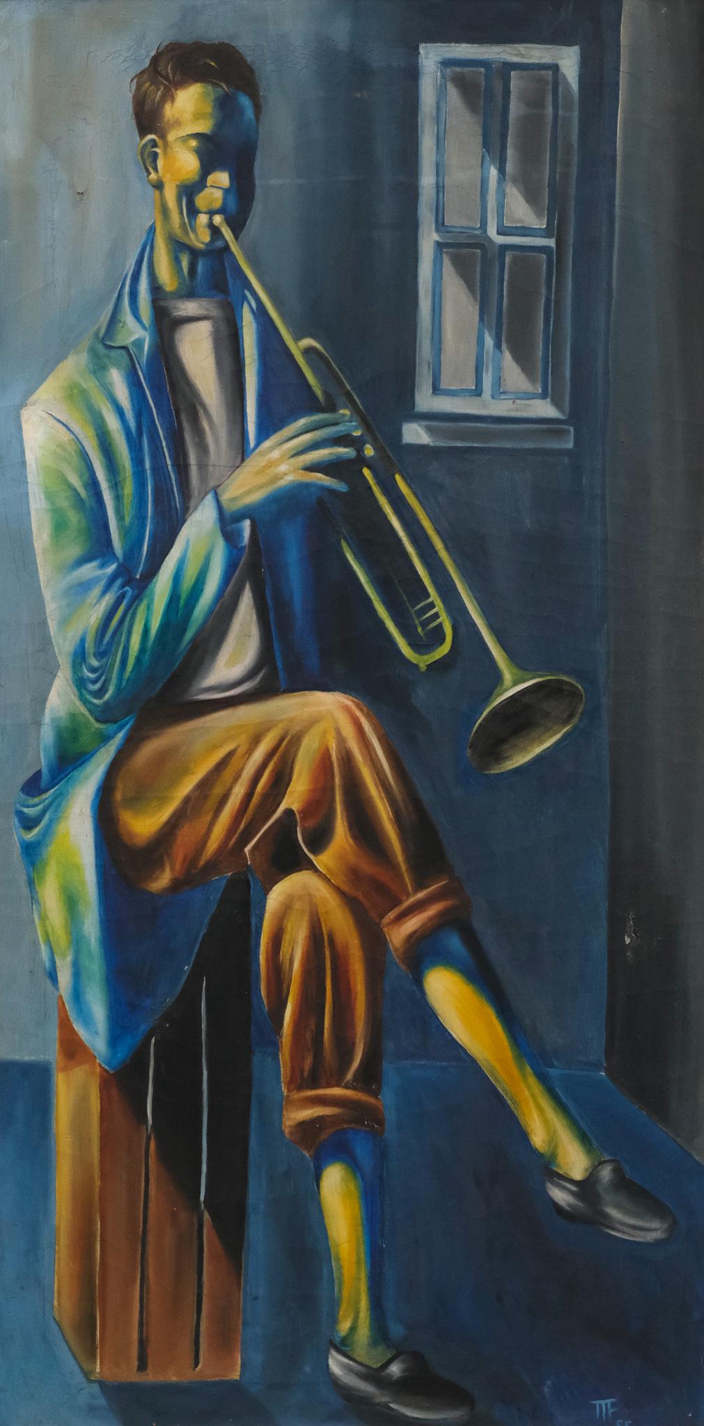 American School, Trumpet Player: American, 1955, oil on canvas depicting a seated man playing the trumpet, signed illegibly and dated l.r., 39 1/2" x 19 3/4" sight size, 48" x 25" framed.