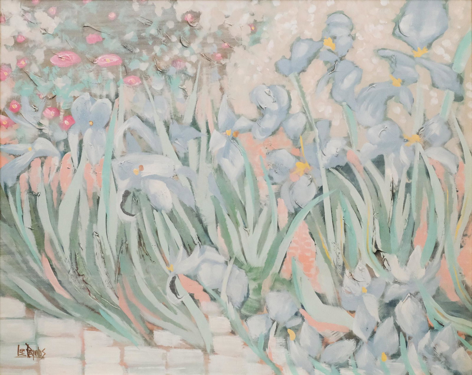Lee Reynolds, Irises: Lee Reynolds (American, 20th century), oil on canvas depicting a garden of irises, signed l.l., 47 1/4" x 59 1/4" sight size, 48 1/4" x 60 1/4" framed.