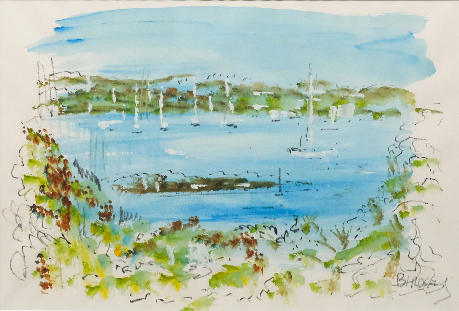 Alfred Birdsey, Lagoon Scene: Alfred Birdsey (Bermuda, 1912-1996), watercolor and gouache on paper depicting a lagoon with sails scattered about, signed l.r., 15" x 22 1/4" sight size, 21" x 28 1/4" framed.