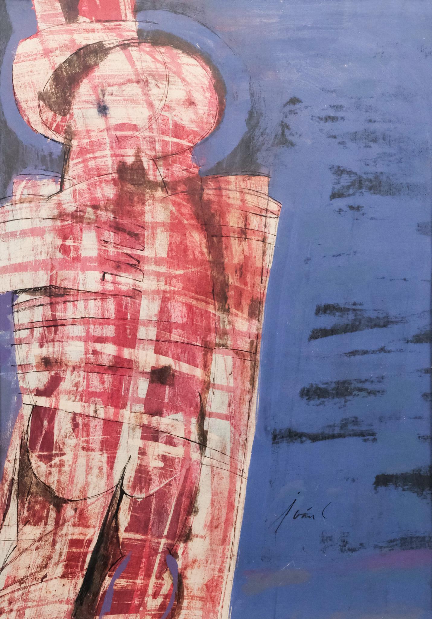 American School, Abstract Figure: American, 20th century mixed media on paper depicting an abstracted nude figure from the back, seemingly being embraced, surrounded by blue, signed illegibly, 23 1/2" x 16 1/2" sight size, 29 1/4" x 2