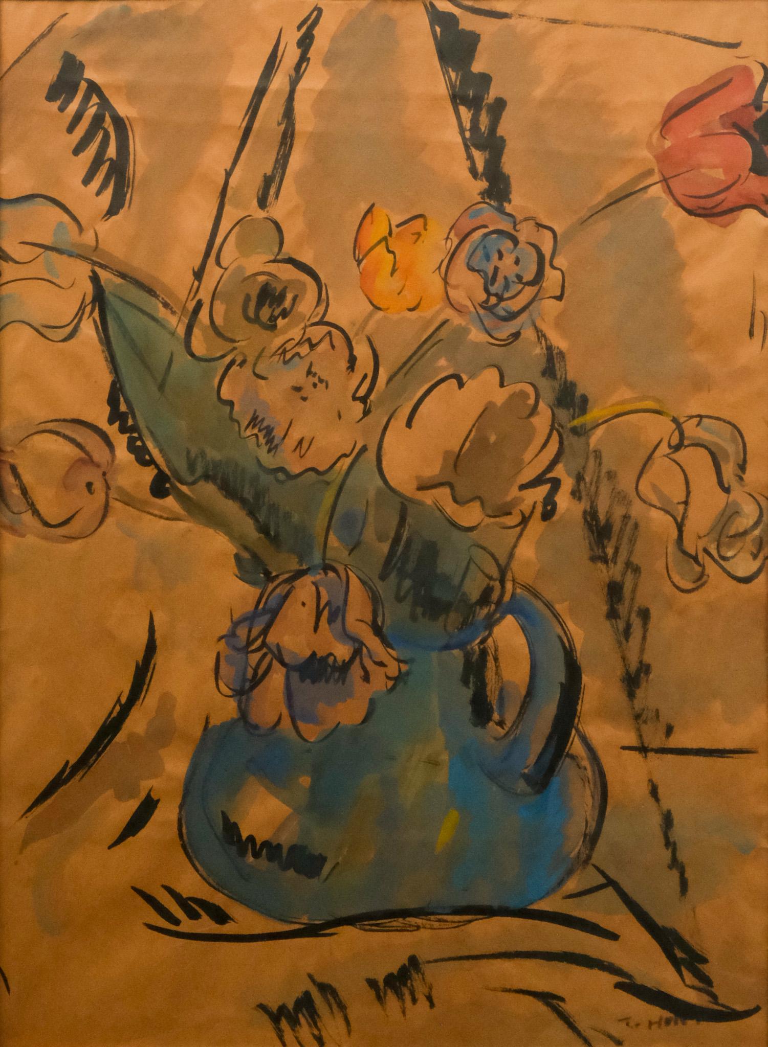 American School, Floral Still Life: American, early 20th century watercolor on paper depicting an arrangement of flowers in a blue vase, signed "T. Hunt" l.r., 22 1/2" x 16 1/2" sight size, 34 1/4" x 27 1/2" framed.