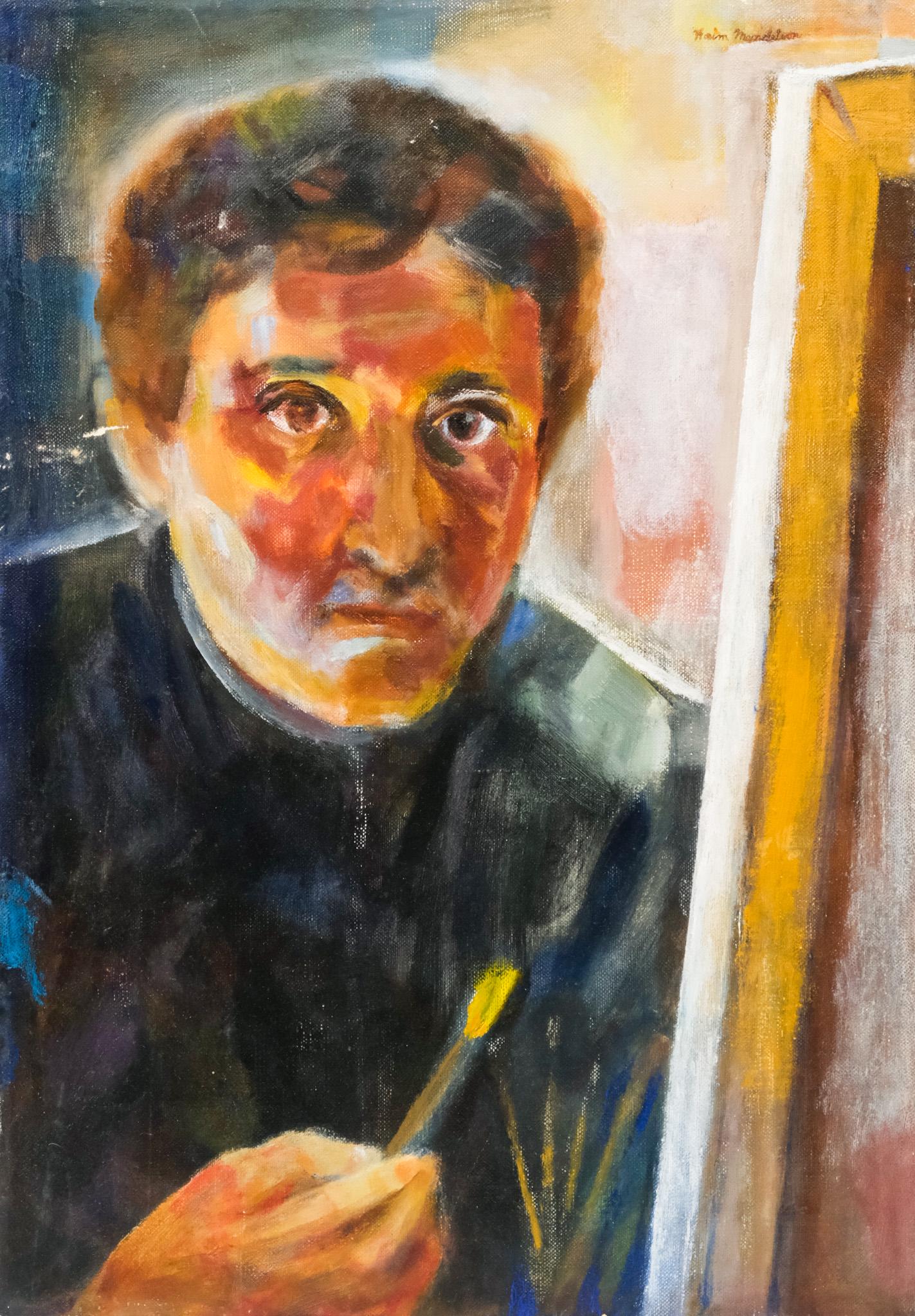 Haim Mendelson, "Self Portrait with Paint Brushes": Haim Mendelson (American, born 1923), oil on canvas depicting the artist at work, holding his paintbrush up to the canvas, signed u.r., 20" x 14" canvas.