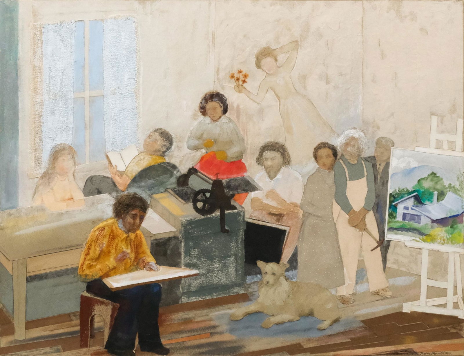 Haim Mendelson, "The Artist & His Dead": Haim Mendelson (American, born 1923), mixed media collage with paper, fabric, flowers, and more, depicting the artist surrounded by the figures who haunt him, signed l.r., 17" x 22" sight size, 23 3/4
