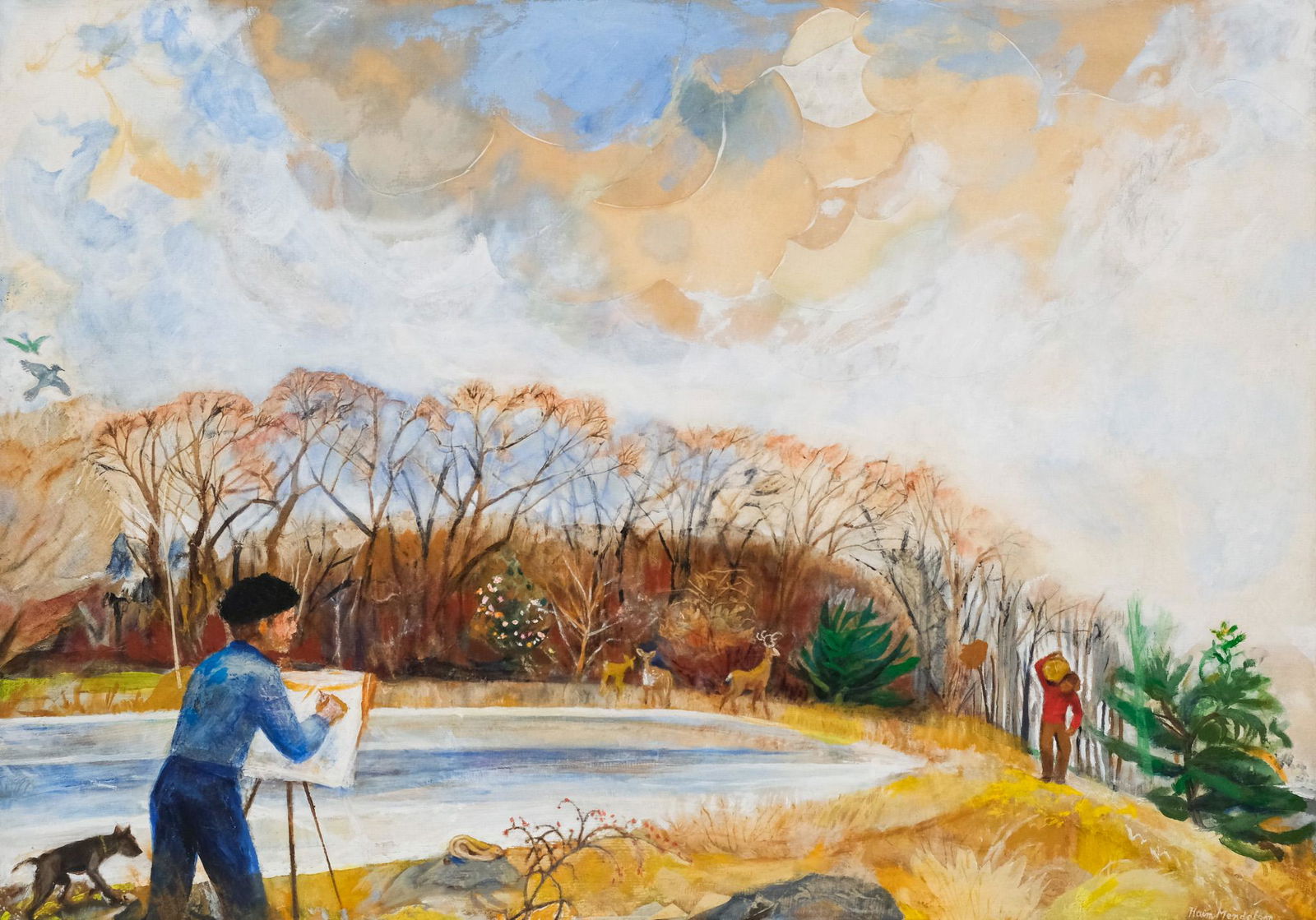 Haim Mendelson, "The Artist Sketching": Haim Mendelson (American, born 1923), oil and collage on canvas depicting the artist sketching an approaching figure, his son carrying a log on his shoulder, signed l.r., 38" x 54" canvas, 39" x 55 1/