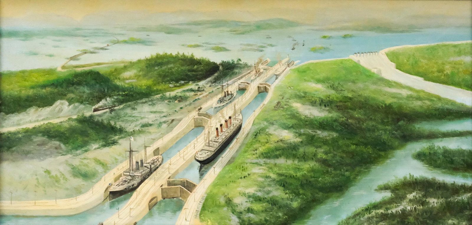 American School, "Panama Canal": American, early 20th century oil on canvas depicting a view of ships traversing the Panama Canal, 11" x 22" canvas, 14 3/4" x 26" framed.