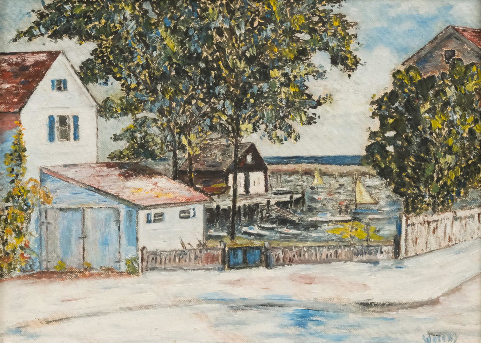 American School, "Rockport Harbor": American, 1957, oil on board depicting a street by the water, signed "Waters" l.r., titled and dated with an inscription verso, 9" x 12" board, 11 1/4" x 14 1/4" framed.