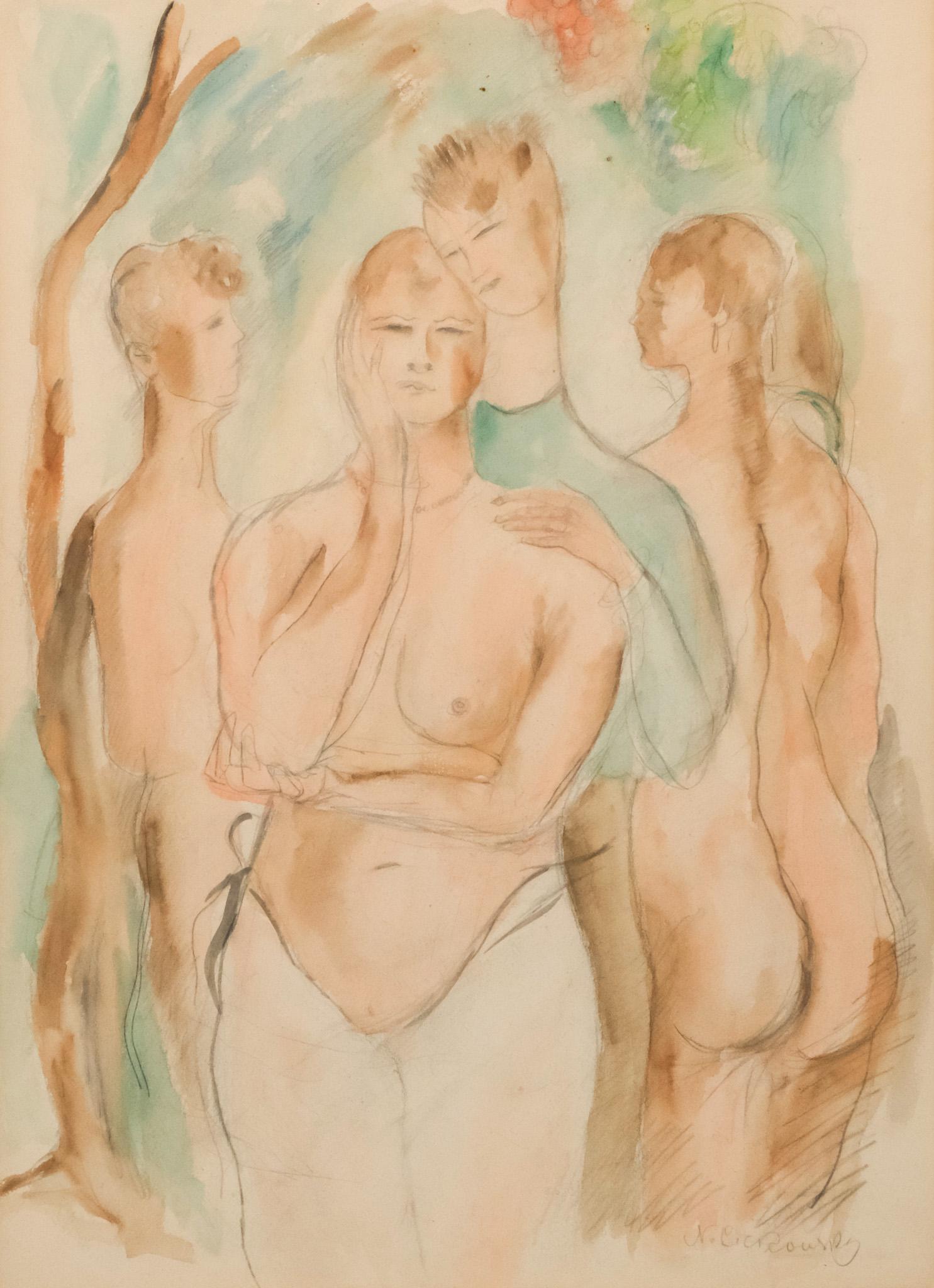 Attr. to Nicolai Cikovsky, Group Of Figures: Attributed to Nicolai S. Cikovsky (American, 1894-1984), watercolor and pencil on paper depicting a group of mostly nude figures, a woman and man at center, signed l.r., 18 1/4" x 13 1/4" sight size,