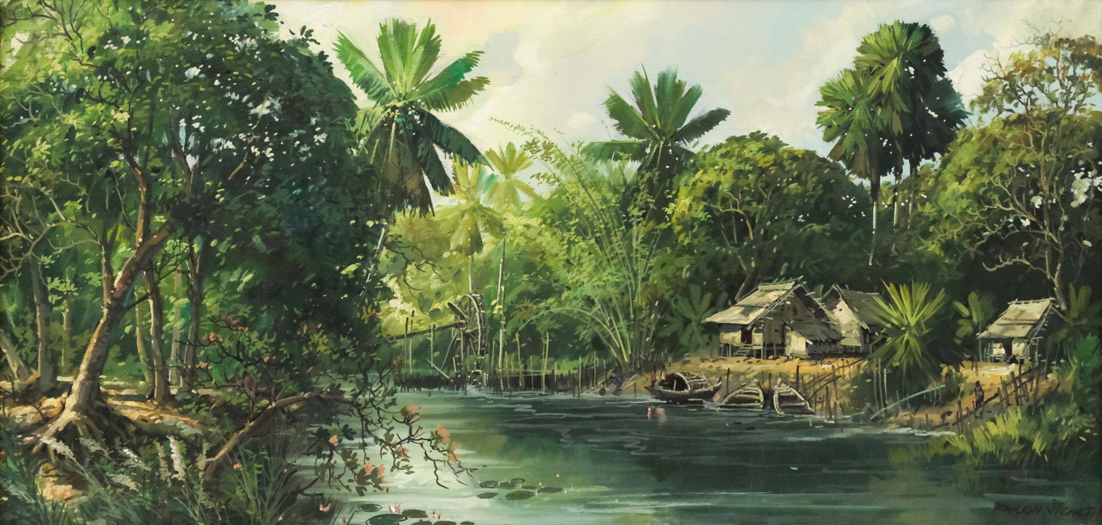 Cambodian School, Village Along the River: Cambodian, 20th century oil on canvas depicting a community built on the river, signed "Khuon Vicheth" l.r., 19 1/2" x 40 1/2" sight size, 21 3/4" x 42 3/4" framed.