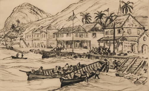 Reynolds Beal, Boats in Port: Reynolds Beal (American, 1866-1951), 1932, etching on paper depicting two long boats being docked and unloaded, signed and dated l.r., 7 1/2" x 11 1/4" sight size, 12 1/4" x 16" framed.