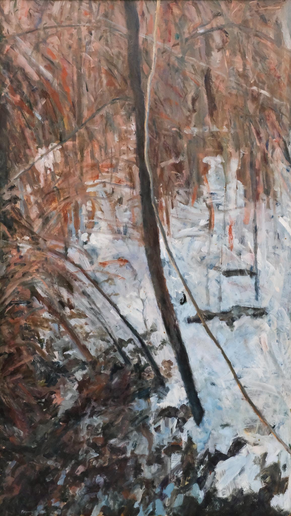 Sukey Bryan, Forest in the Snow: Sukey Bryan (American, born 1961), oil on board depicting bare trees against the snowy forest floor, signed l.l., 48" x 27 1/4" board, 48 1/2" x 28" framed.