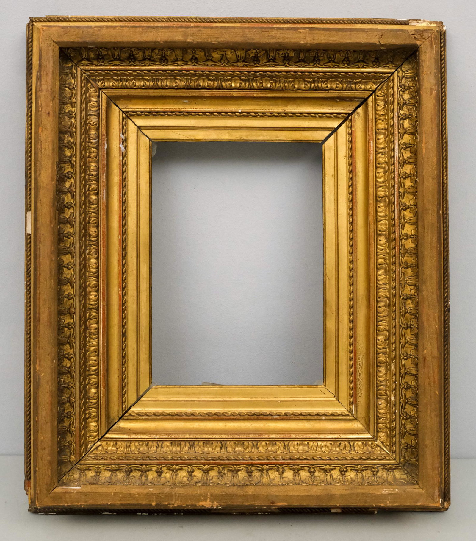French Giltwood Salon Frame 7" x 9 1/2": French ca. 1850. Overall 16" x 18 1/2", Rabbet 7" x 9 1/2", Molding 5"