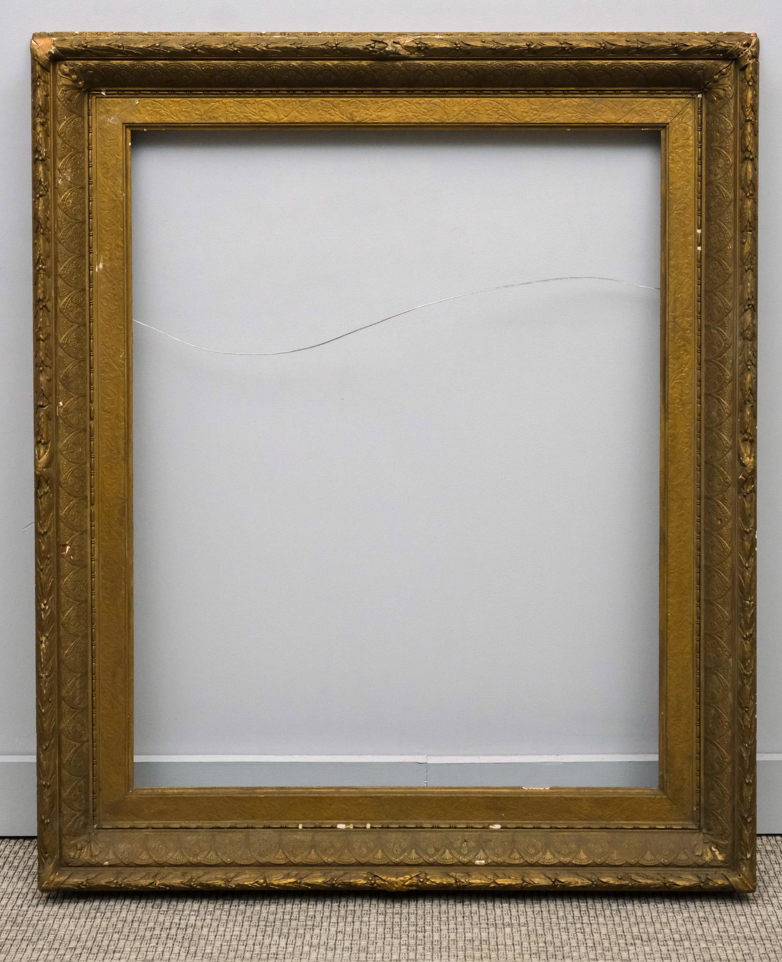 American Hudson River School Gilt Frame 28" x 35": American, ca. 1870, having foliate decorated cushion profile and laurel and berry top edge. Overall 38" x 45", Rabbet 28" x 35", Molding 5 1/4"