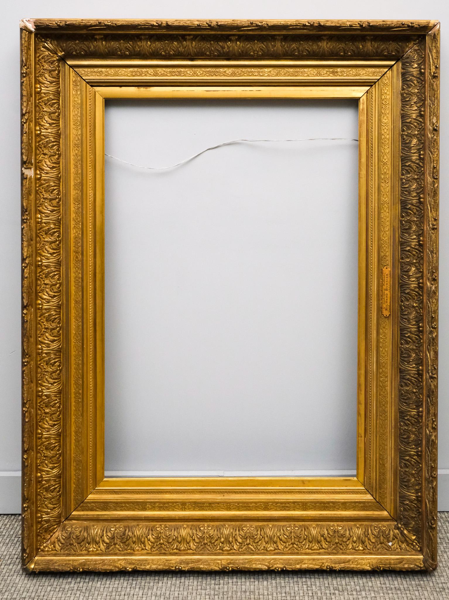 American Giltwood Salon Frame 25" x 38": American, ca. 1870, having laurel and berry top edge and acanthus ogee with decorated panel liner. Overall 41" x 51 1/2", Rabbet 25" x 38", Molding 7 1/2"