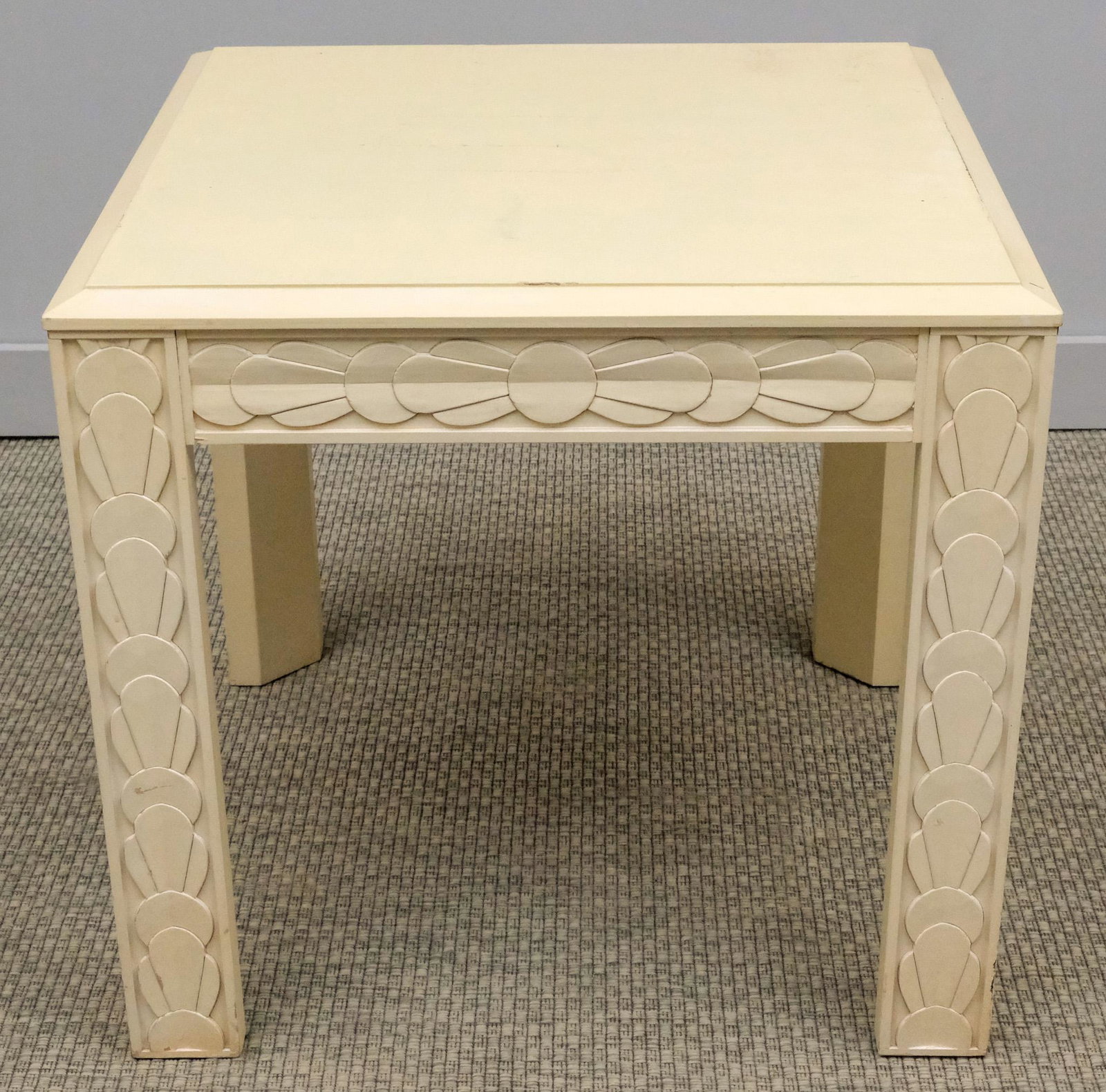 Century Furniture Carved Side Table: Century Furniture 1970 carved wooden side table, 24 1/2" H x 26" W x 26" L.