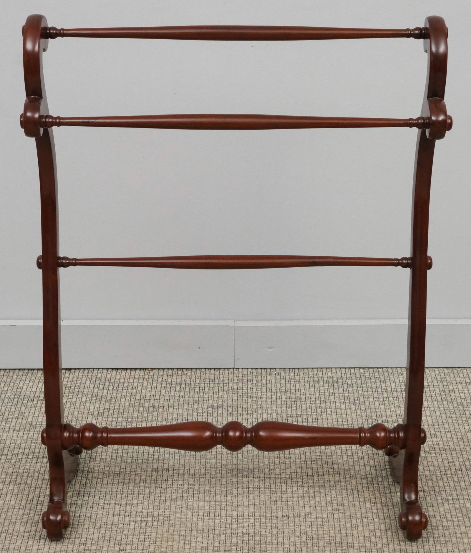 English Mahogany Towel Rail: 19th century English carved mahogany towel rail, 35 1/2" H x 26 1/4" W x 10 1/2" L.