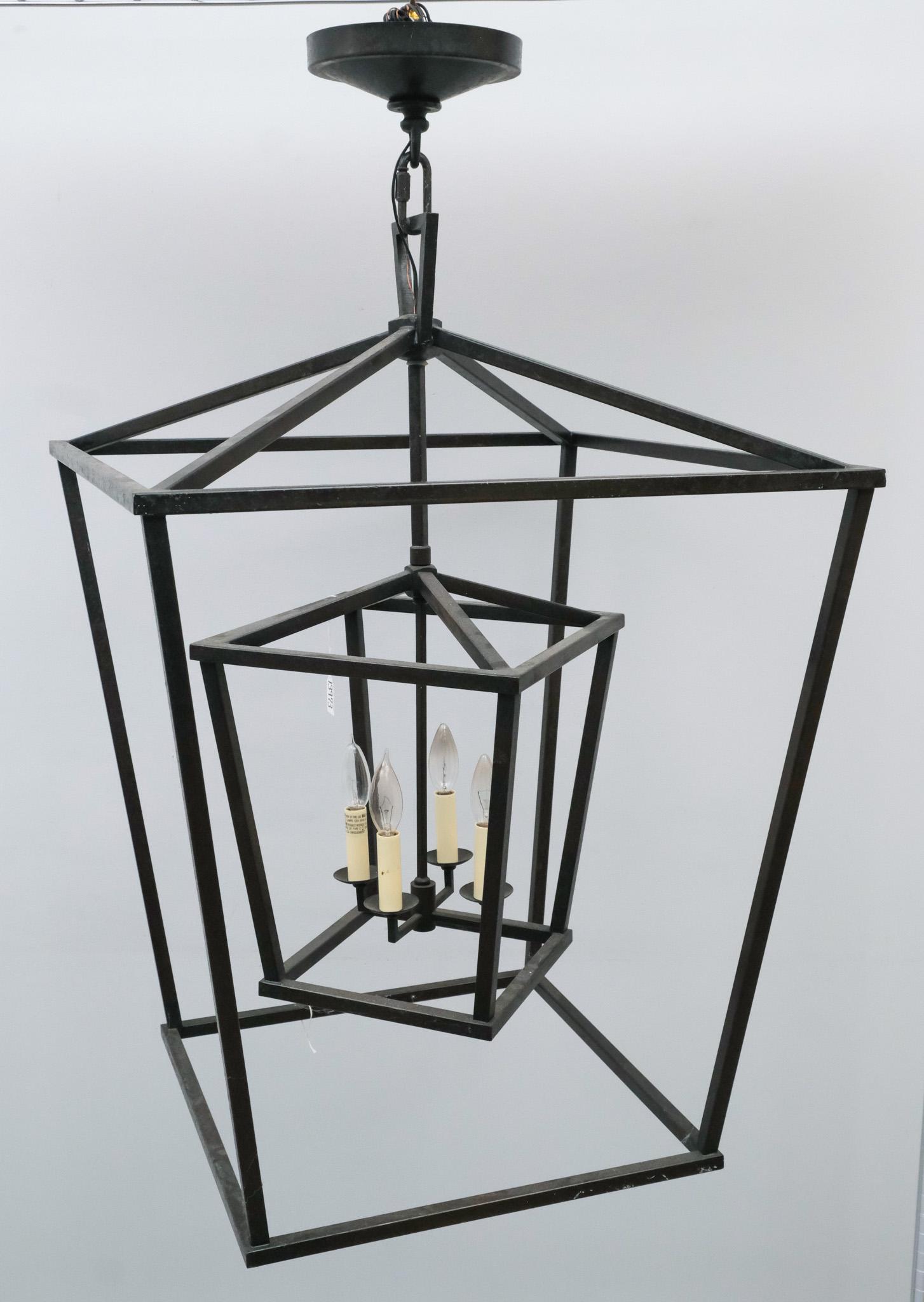 Contemporary Iron Lantern Chandelier: Contemporary iron lantern chandelier, 34 1/2" H x 24" W x 24" L.