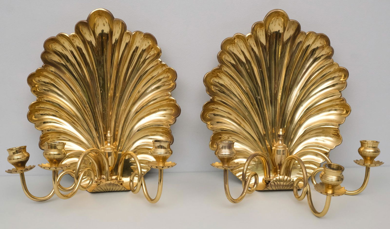 Pair of Heavy Brass Shell Backed Three Arm Sconces (1 of 4)