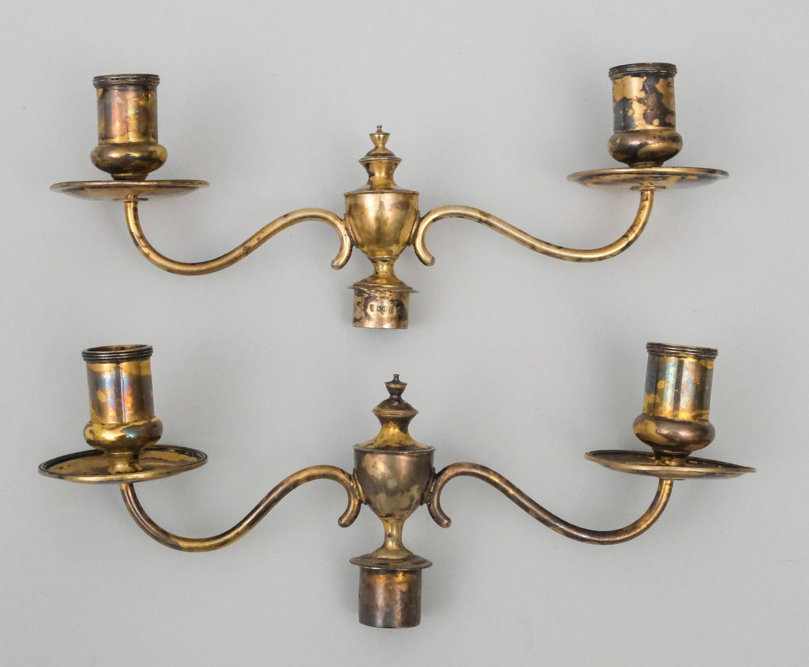 Antique Georgian Sterling Candelabra Arms: Diminutive size with vermeil, C.1794, makers mark "SM". 9 1/8" wide. 10.1 troy ounces combined.