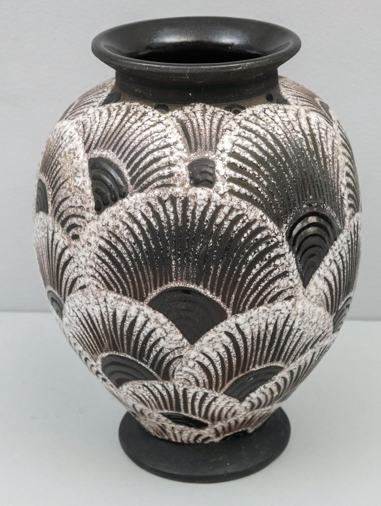 Antique French Art Pottery Fanned Feather Vase: Incised body with shaded glaze. Old import tag on bottom. 10 1/4".