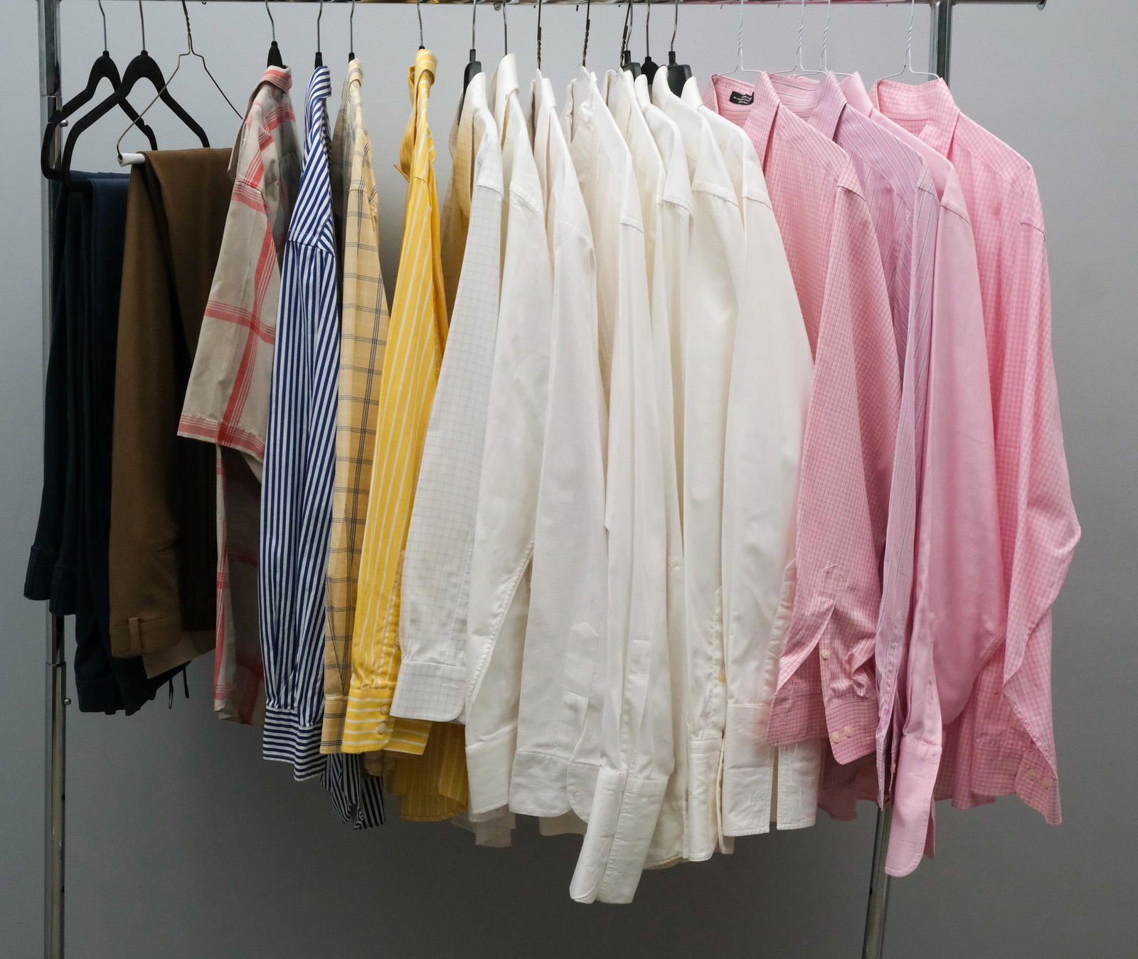 Lot of 16 Men's Shirts and 3 Pairs of Pants: Men's dress shirts in various colors, patterns and styles, all except one are long sleeved. Brands include: Cacharel, Polo, Van Heusen, Burberry, Brooks Brothers, Pronto Uomo, Eton, Ungaro, Zanetti an