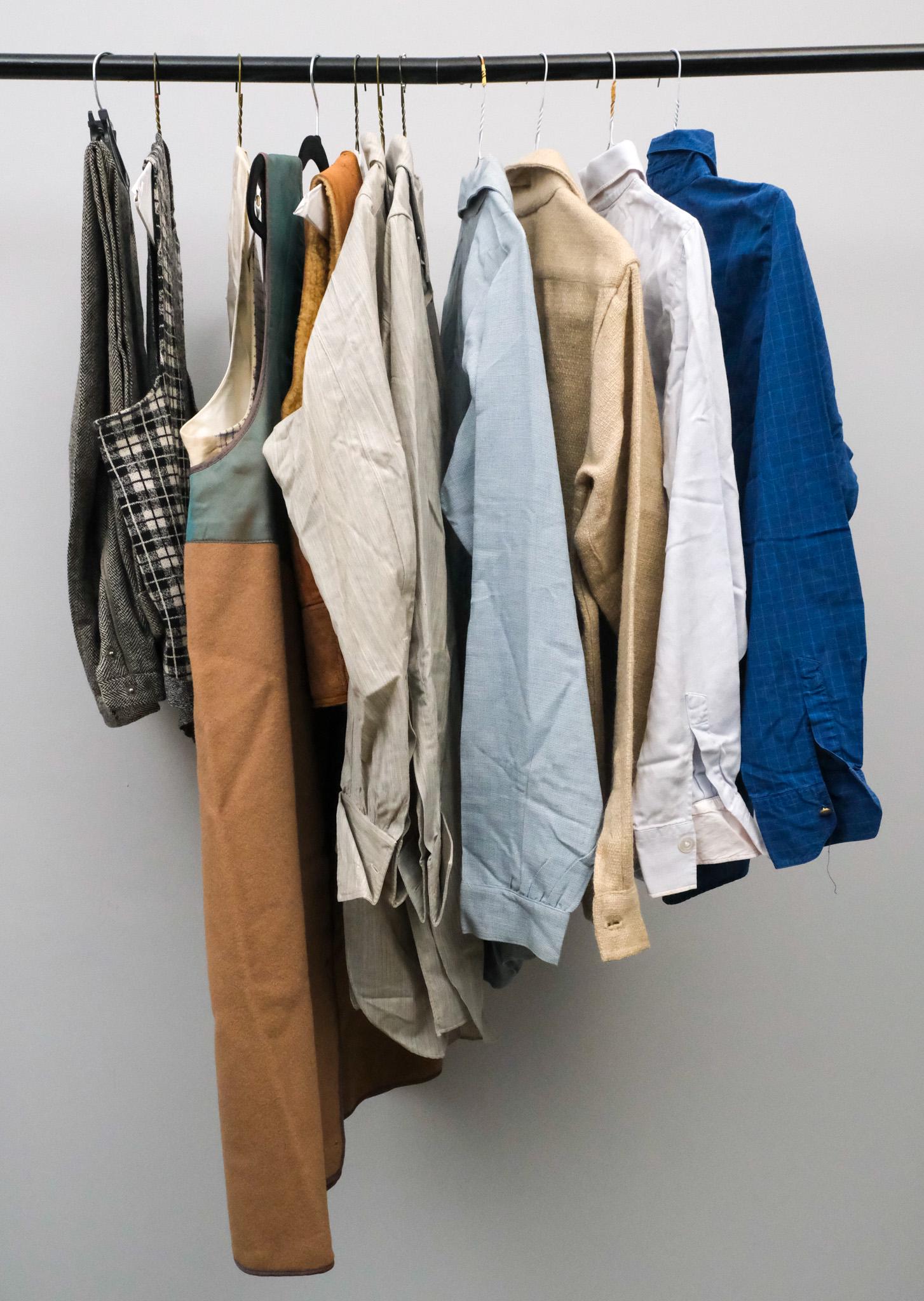 Vintage Men's Clothing Lot: Lot includes: 1) Shearling zip-up vest, 2) Brooks Brothers wool full length coat liner, 3) Cream colored plaid Rogers Peet Company wool vest with satin back, 4) black and white plaid knit wool Rogers