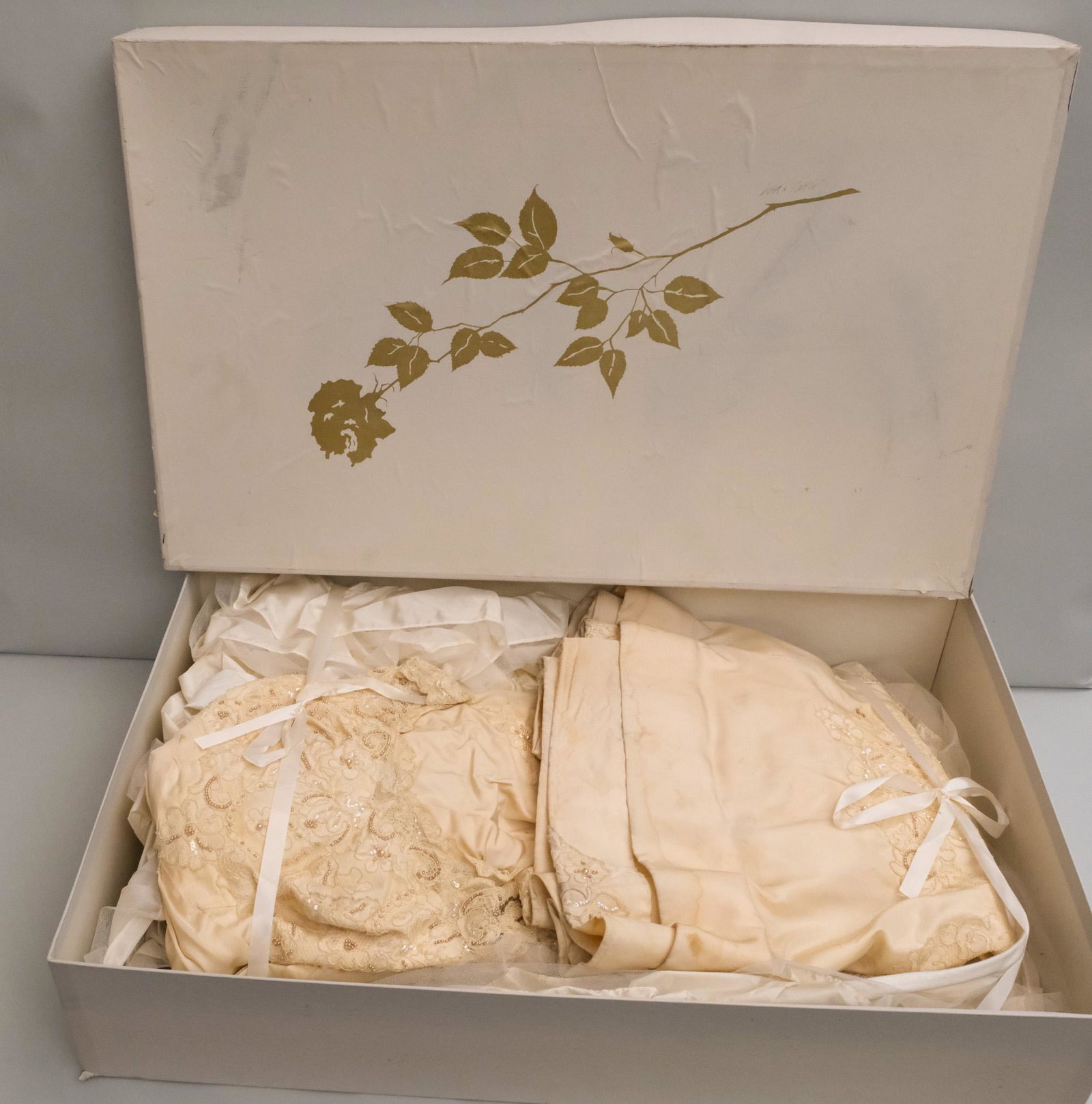Vintage Cream Silk & Lace Jay Thorpe Wedding Dress: Exquisite vintage silk and lace Jay Thorpe sleeveless wedding dress in original Lord and Taylor box, together with pannier and ruffled hoop skirt. Dress with beaded and sequined lace applique details,