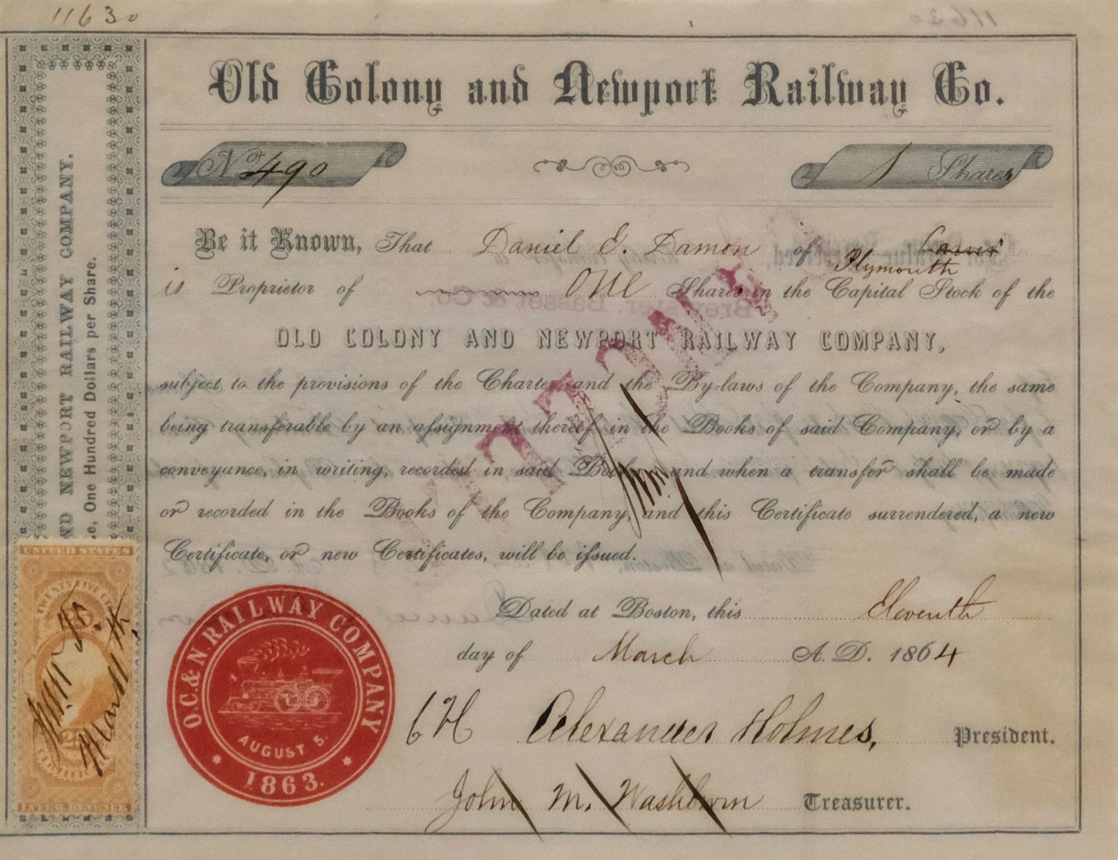 Old Colony and Newport Railway Company Stock (1 of 3)