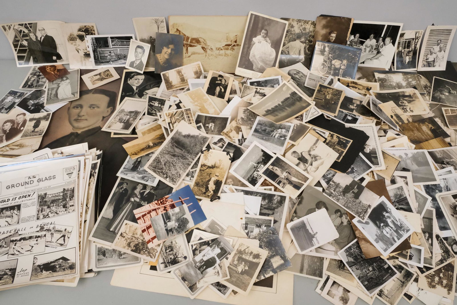 Large Lot of Vintage and Antique Photos: Very large selection of both posed and candid photographs. Includes WWII military photos and proofs for "On the The Ground Glass" newsletters of the 7th Photo Tech Squadron that include scenes from In