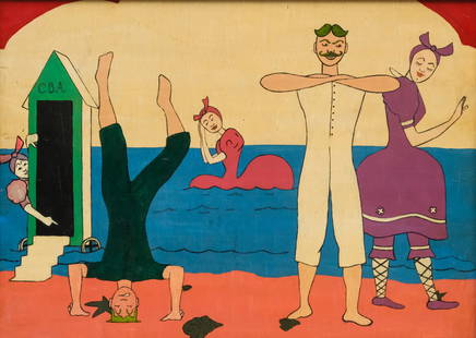 American School, Victorian Beach Scene: American, 20th century folk art oil on wooden panel depicting a scene of playful, Victorian beach-goers in their bathing gowns, one man attempting to impress a woman with a handstand, but she's paying