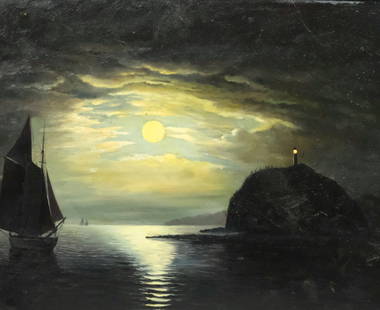 American School, "Owl's Head, Maine": American, late 19th century oil on Academy Board depicting a lighthouse under the full moon, 12 1/2" x 15 1/2" board, 20 1/2" x 23 1/4" framed.