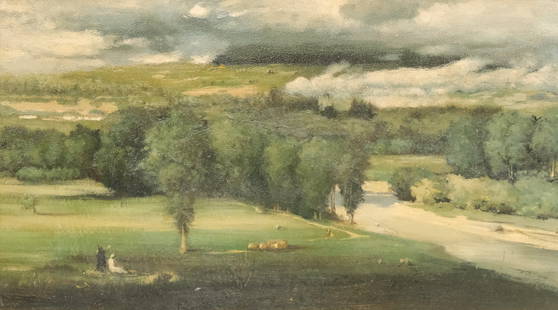 After George Inness, "Saco Ford: Conway Meadows": American, late 19th century oil on board depicting a forested landscape with a river running through it, small figures having a picnic, 8" x 14 1/2" board, 11" x 17" framed.