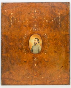 American School, Stonewall Jackson Portrait: American, 19th century veneered wood panel with gilt flourishes surrounding a central portrait of Confederate General Thomas "Stonewall" Jackson, 28 1/2" x 23 1/2" overall.