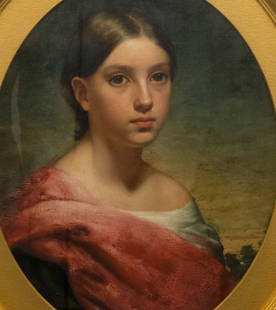 American School, Portrait of a Girl: American, 19th century oil on panel depicting a young girl with large brown eyes, a red sash draped from her shoulder across her chest, 20 1/2" x 16 3/4" panel, 35 1/2" x 31 1/2" framed.