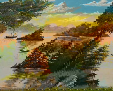 Catherine Bouille, Thousand Island Scene: Catherine Bouille (Canadian, 19th century), 1896, oil on board depicting a folk art landscape of Thousand Island, three boats floating peaceably on the calm water, signed and dated l.r., 19" x 24" boa