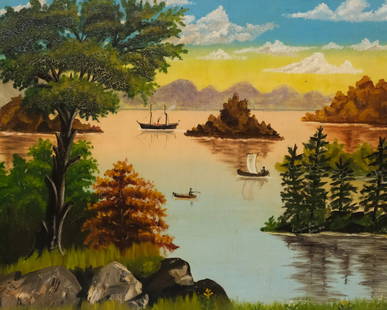 Catherine Bouille, Thousand Island Scene: Catherine Bouille (Canadian, 19th century), 1896, oil on board depicting a folk art landscape of Thousand Island, three boats floating peaceably on the calm water, signed and dated l.r., 19" x 24"