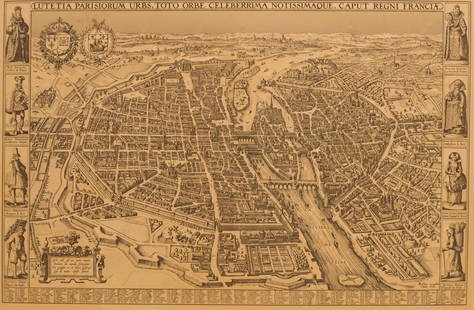 After Claes Jansz Visscher, Map of Paris: After Claes Jansz Visscher (Dutch, 1586-1652), engraving on paper depicting a 1618 map of Paris, flanked on either side by illustrations of Parisian citizens from the King and Queen, to the common vil