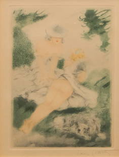 Louis Icart, Two Women and a Dog: Louis Justin Laurent Icart (French, 1888-1950), hand-colored etching on paper depicting two young ladies sunning, a large, shaggy dog beside them, signed l.r., 10" x 7 1/2" sight, 18 1/4" x 15 1/2" fr