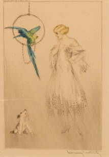 Louis Icart, "The Pet": Louis Justin Laurent Icart (French, 1888-1950), 1930, hand-colored etching on paper depicting a young woman in white with a parrot and dog beside her, signed l.r., 6 1/4" x 4 1/2" sight, 11 3/4" x 10"