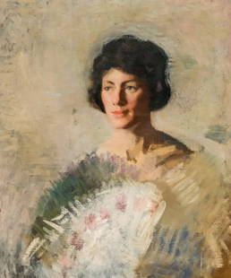 American School, Portrait of a Lady: Attr. Ralph Wormeley Curtis (American, 1854-1922), early 20th century oil on canvas depicting a dark-haired woman holding a white fan, signed "Ralph Curtis" verso, 24" x 20" canvas, 34 1/2" x 31"