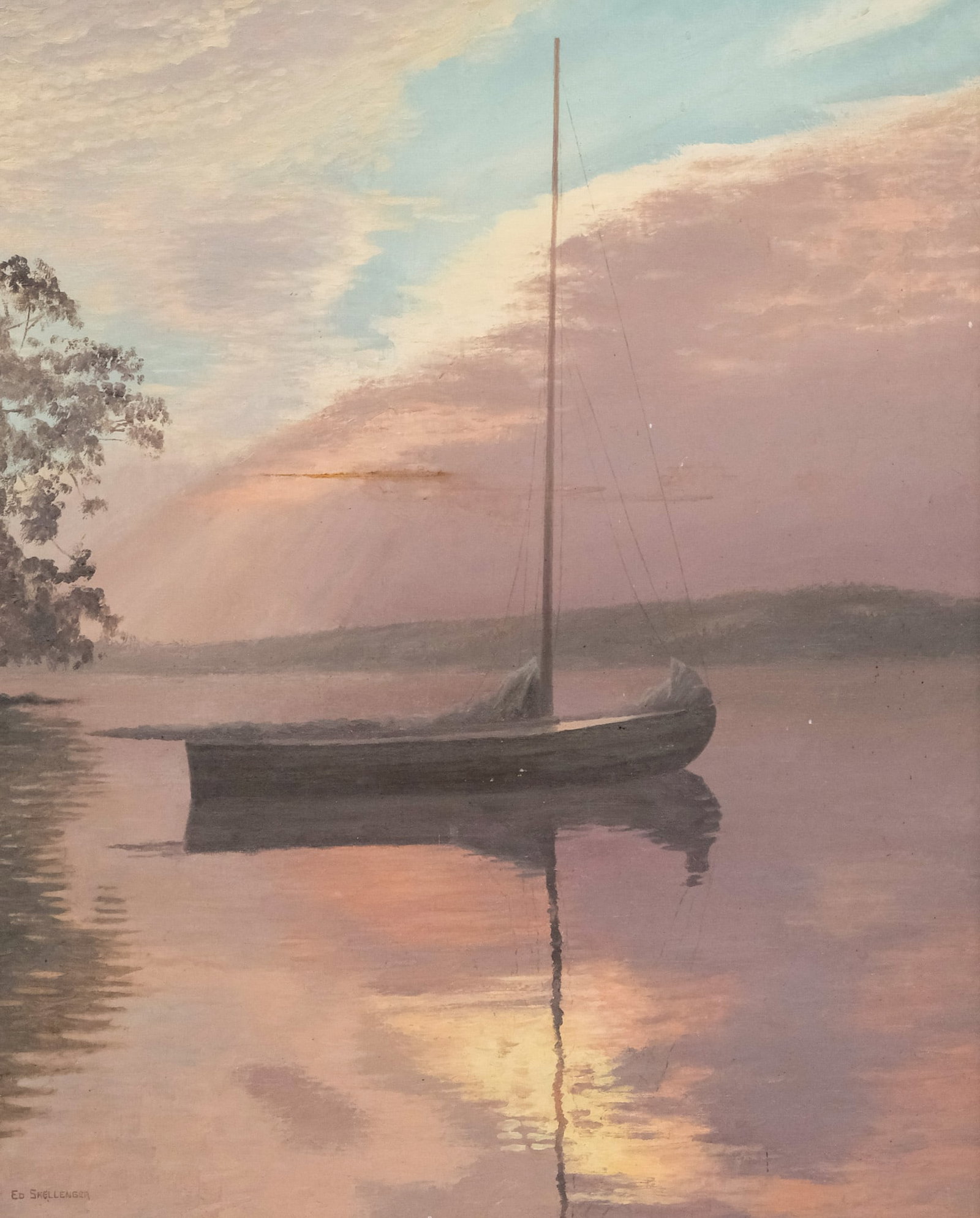 Ed Skellenger, Boat at Twilight: Ed Skellenger (American, 20th century), oil on canvas depicting a lone sail boat on a lake as the sun goes down, signed l.l., 30" x 24" canvas, 35 1/2" x 29 1/2" framed.