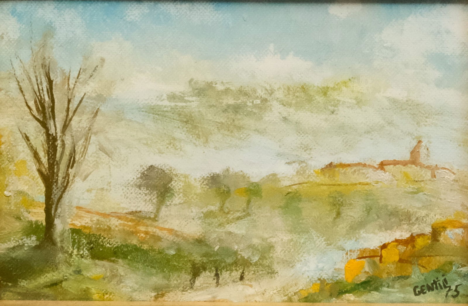 Italian School, "Lucca, Italy": Italian, 1975, oil on board depicting a foggy landscape with a town in the distance, signed "Gentili" and dated l.r., 4 1/4" x 6 1/2" sight, 10" x 12 1/4" framed.