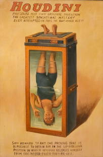 American School, Houdini Water Torture Cell Poster: American, 20th century oil on board after the famous Houdini poster, advertising his escape from the "Water-Filled Torture Cell", 22" x 14 3/4" board, 27 1/2" x 20 1/4" framed.