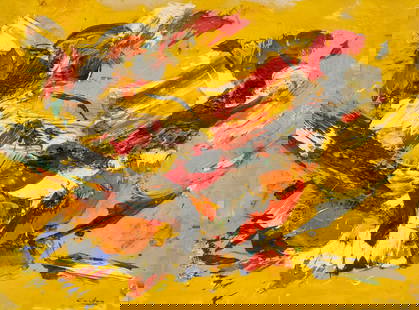 Norman Carton, Abstract Composition: Norman Carton (American, 1908-1980), oil on canvas depicting an abstract composition in thick strokes of red, green, white, black, blue and ochre paints, against a yellow ground, signed l.r., 30" x 40